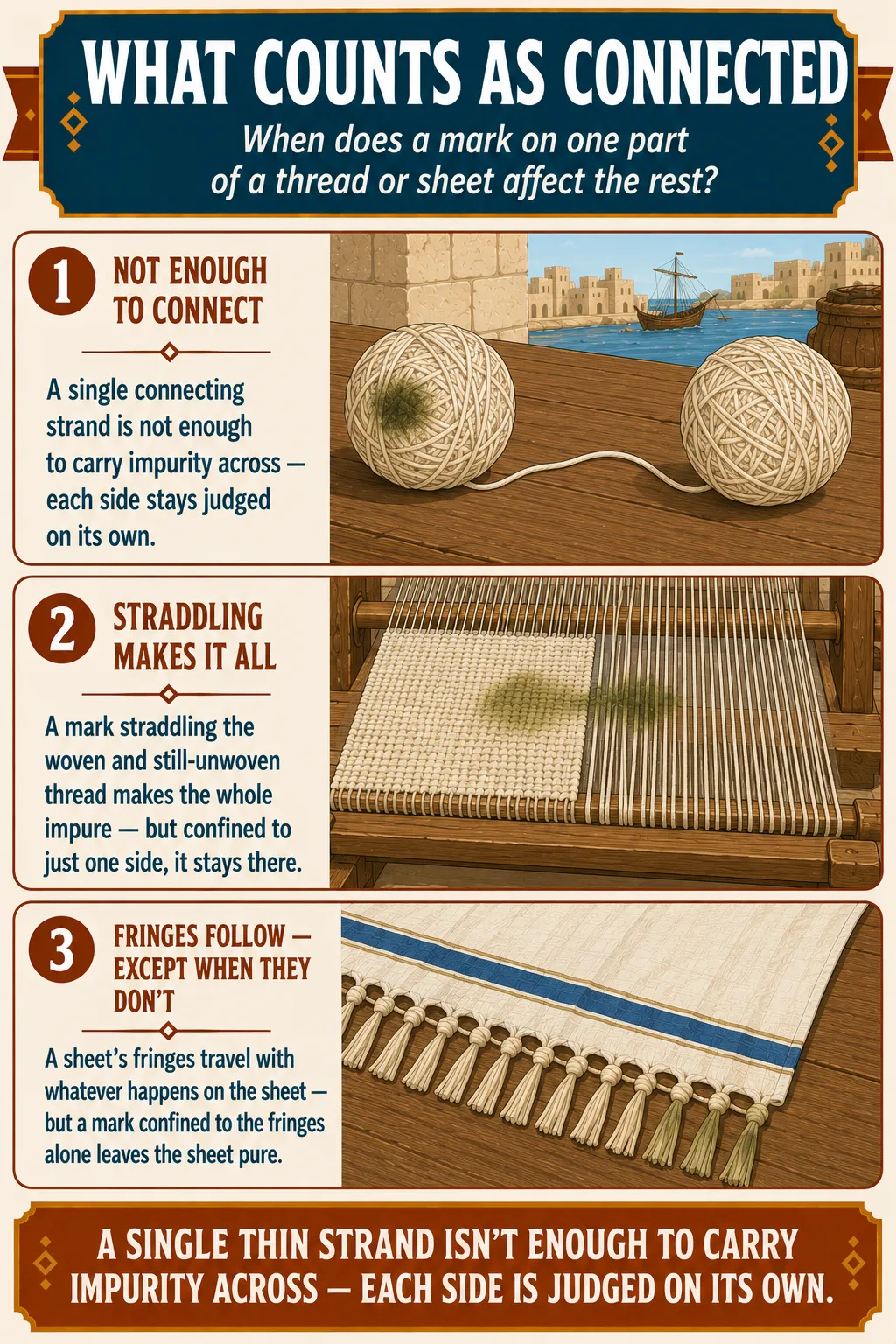Infographic for halacha 13:9: A single connecting strand is not enough to carry impurity across — each side stays judged on its own. A mark straddling the woven and still-unwoven thread makes the whole impure — but confined to just one side, it stays there. A sheet's fringes travel with whatever happens on the sheet — but a mark confined to the fringes alone leaves the sheet pure.