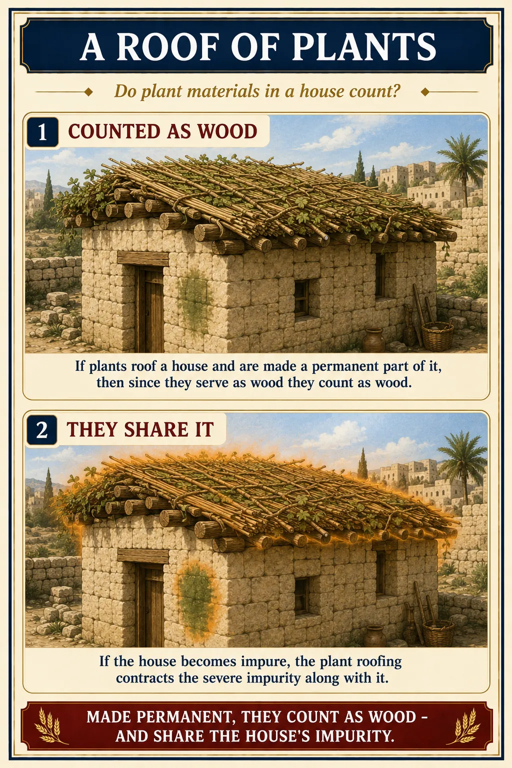 Infographic for halacha 14:10: A ROOF OF PLANTS — Do plant materials in a house count?