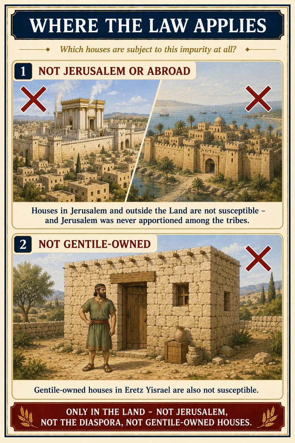 Infographic for halacha 14:11: WHERE THE LAW APPLIES — Which houses are subject to this impurity at all?