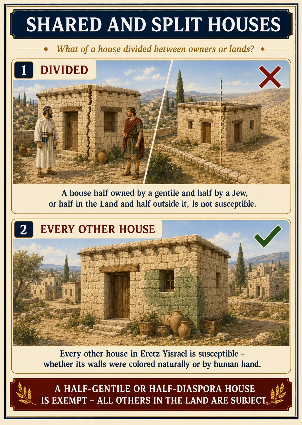 Infographic for halacha 14:13: SHARED AND SPLIT HOUSES — What of a house divided between owners or lands?