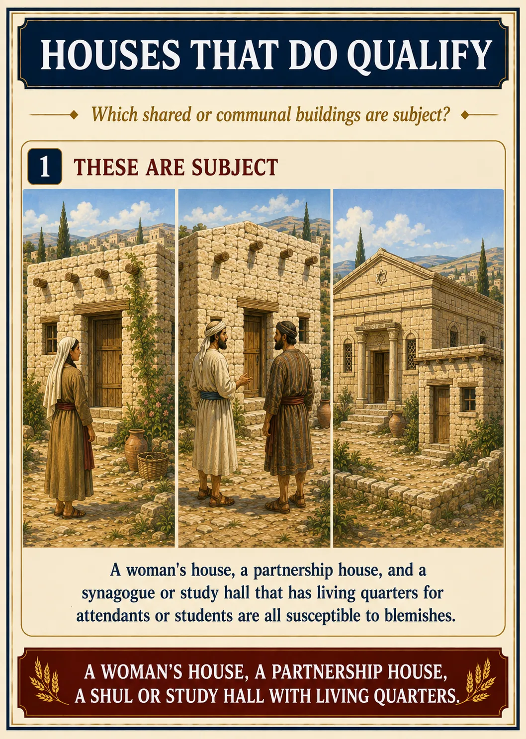 Infographic for halacha 14:14: HOUSES THAT DO QUALIFY — Which shared or communal buildings are subject?