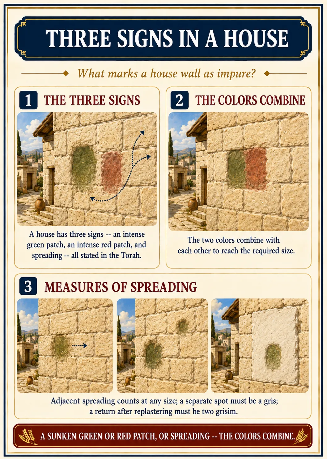 Infographic for halacha 14:2: THREE SIGNS IN A HOUSE — What marks a house wall as impure?