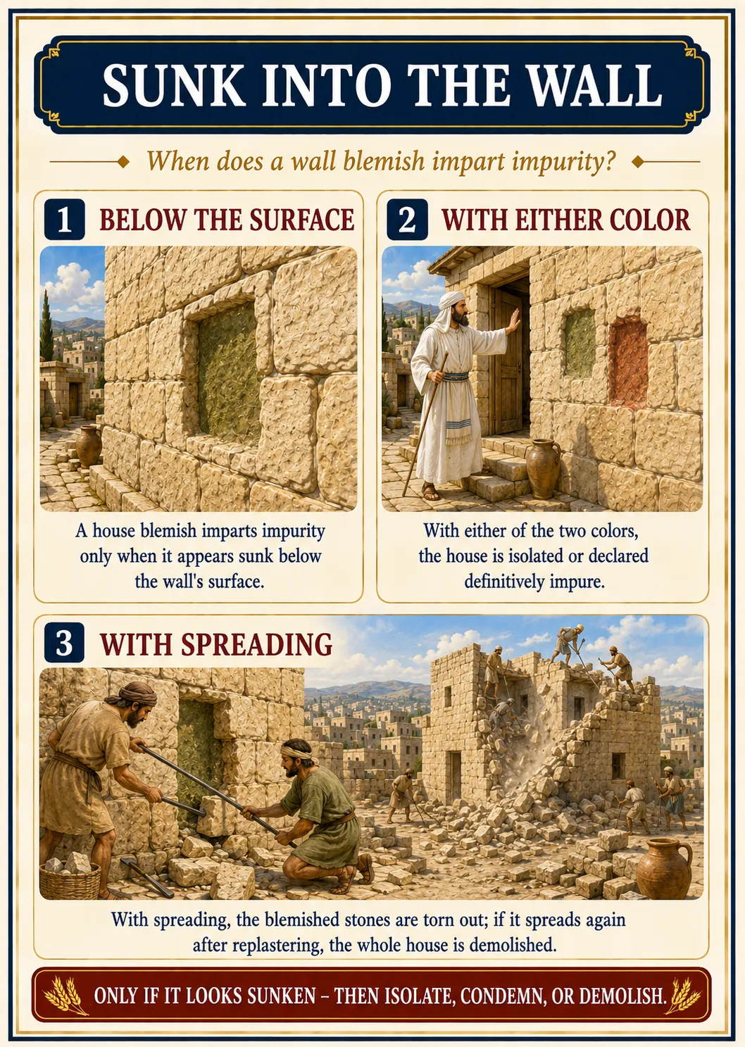 Infographic for halacha 14:3: SUNK INTO THE WALL — When does a wall blemish impart impurity?
