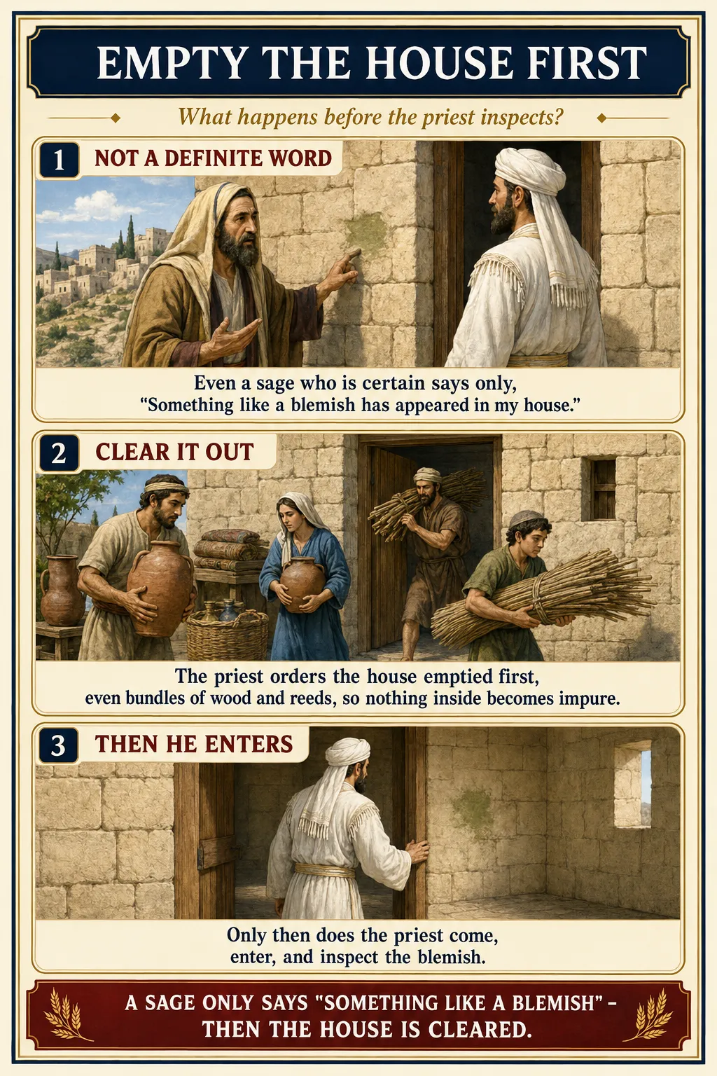Infographic for halacha 14:4: EMPTY THE HOUSE FIRST — What happens before the priest inspects?