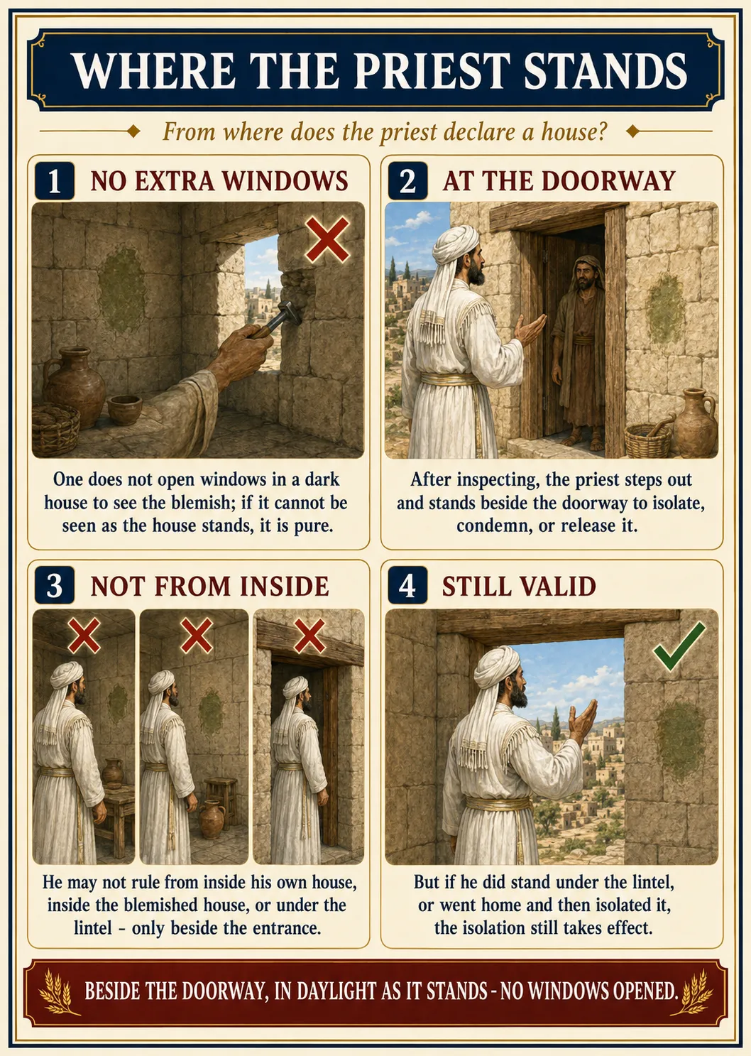 Infographic for halacha 14:5: WHERE THE PRIEST STANDS — From where does the priest declare a house?