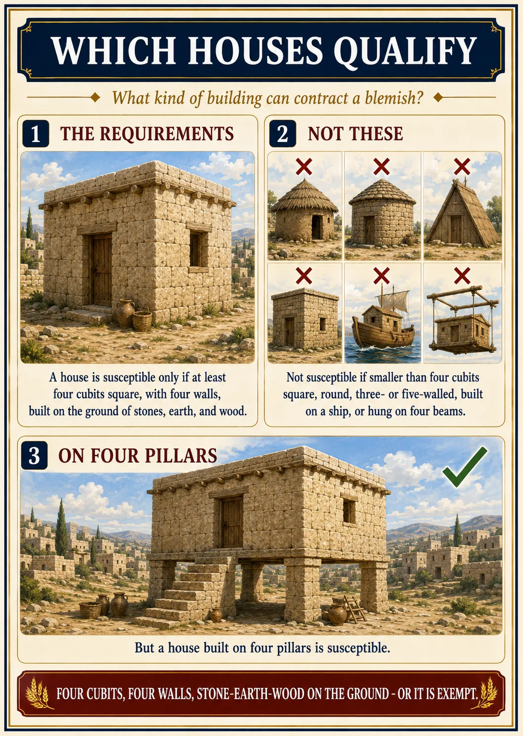 Infographic for halacha 14:6: WHICH HOUSES QUALIFY — What kind of building can contract a blemish?