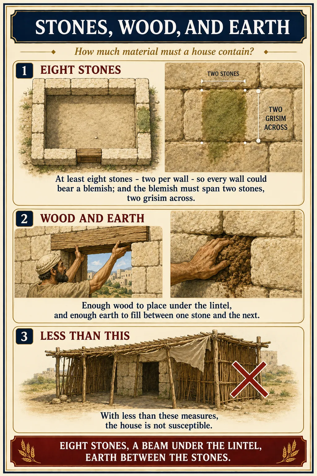 Infographic for halacha 14:7: STONES, WOOD, AND EARTH — How much material must a house contain?