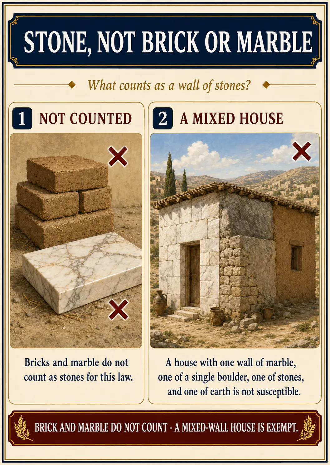 Infographic for halacha 14:8: STONE, NOT BRICK OR MARBLE — What counts as a wall of stones?