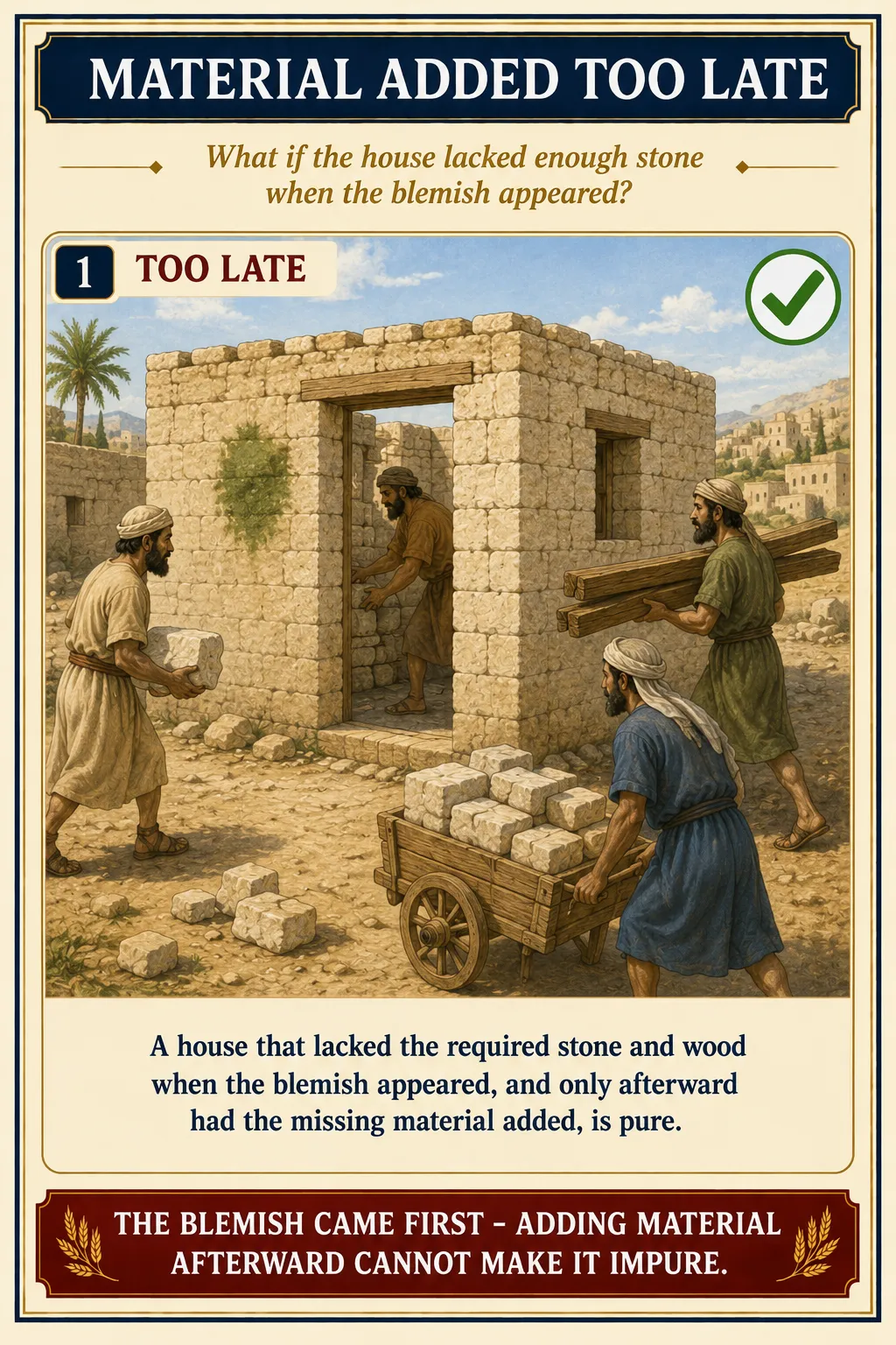 Infographic for halacha 14:9: MATERIAL ADDED TOO LATE — What if the house lacked enough stone when the blemish appeared?