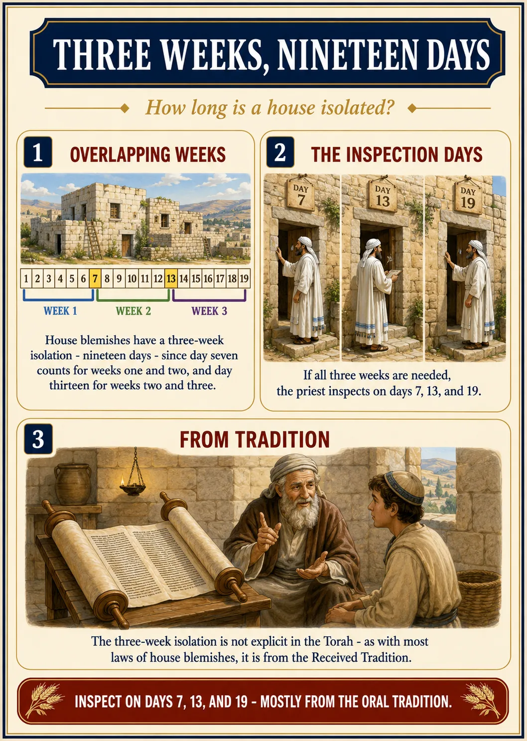 Infographic for halacha 15:1: THREE WEEKS, NINETEEN DAYS — How long is a house isolated?