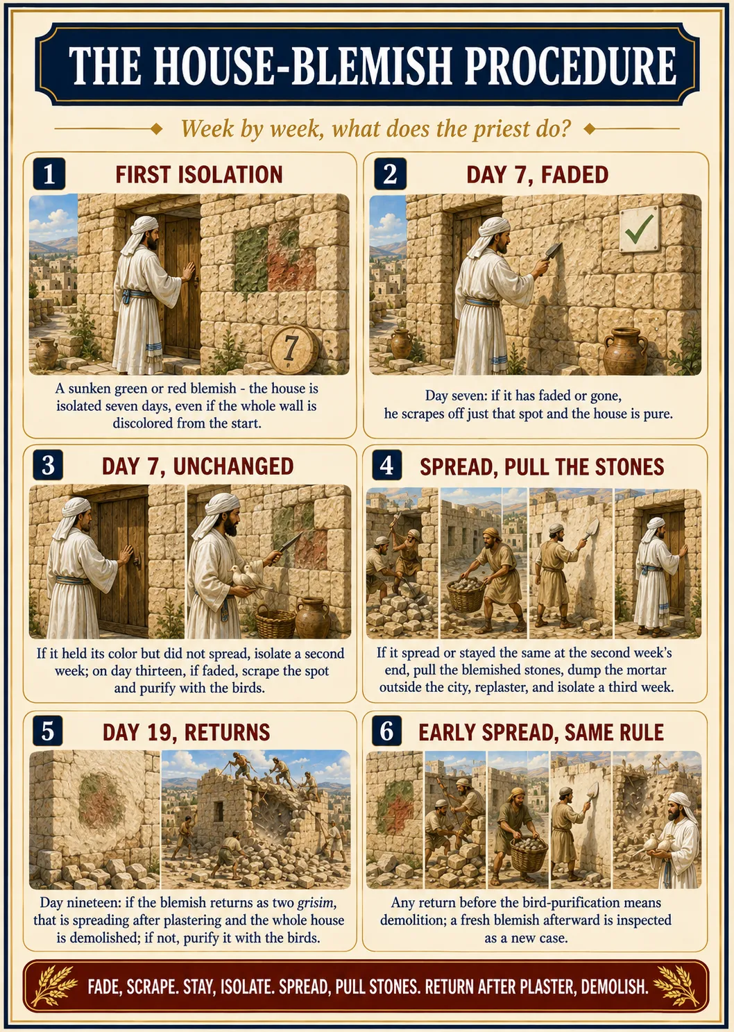 Infographic for halacha 15:2: THE HOUSE-BLEMISH PROCEDURE — Week by week, what does the priest do?