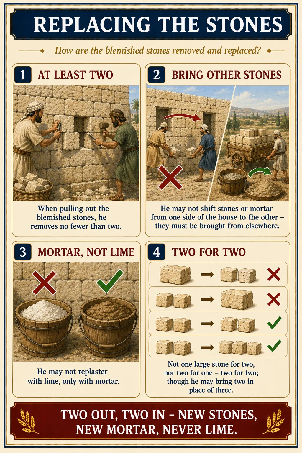 Infographic for halacha 15:3: REPLACING THE STONES — How are the blemished stones removed and replaced?