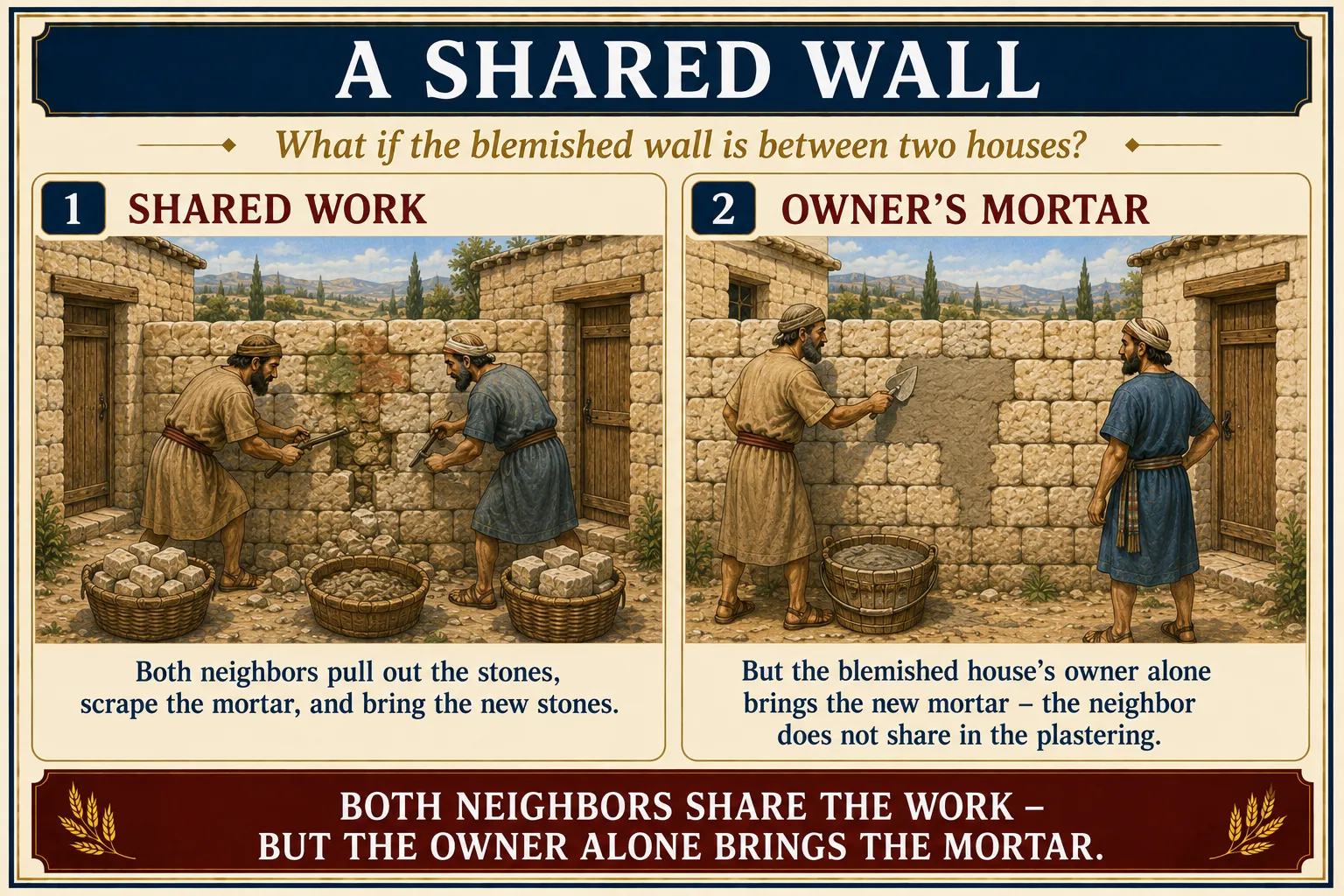 Infographic for halacha 15:4: A SHARED WALL — What if the blemished wall is between two houses?