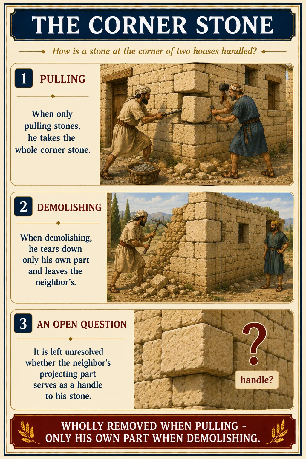 Infographic for halacha 15:5: THE CORNER STONE — How is a stone at the corner of two houses handled?
