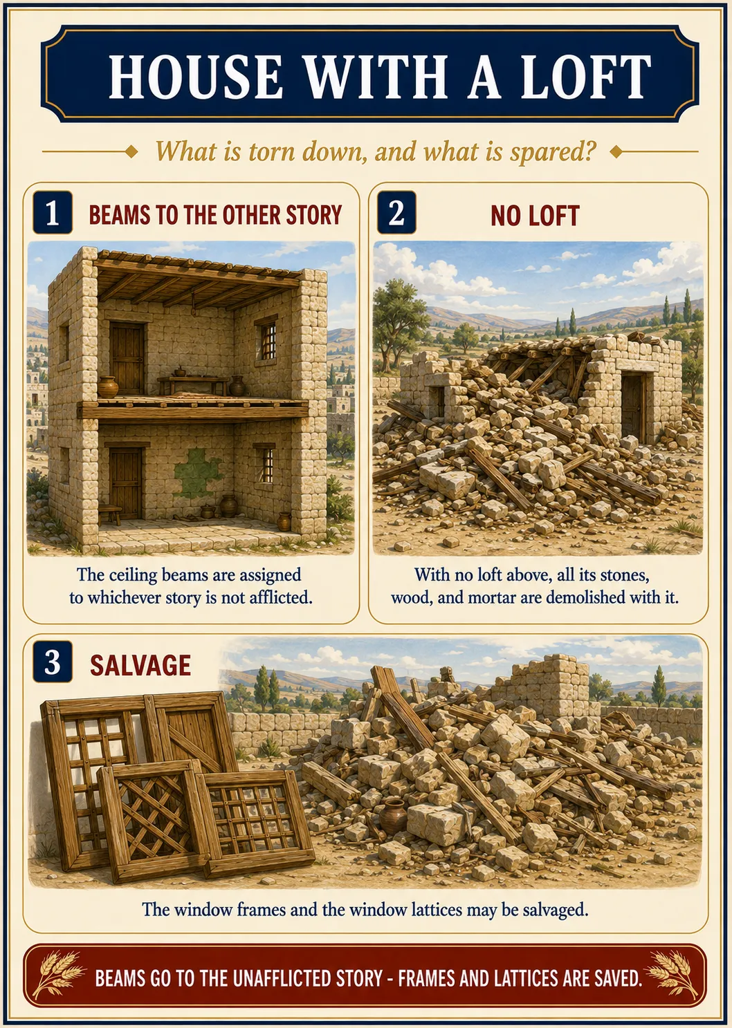 Infographic for halacha 15:6: HOUSE WITH A LOFT — What is torn down, and what is spared?