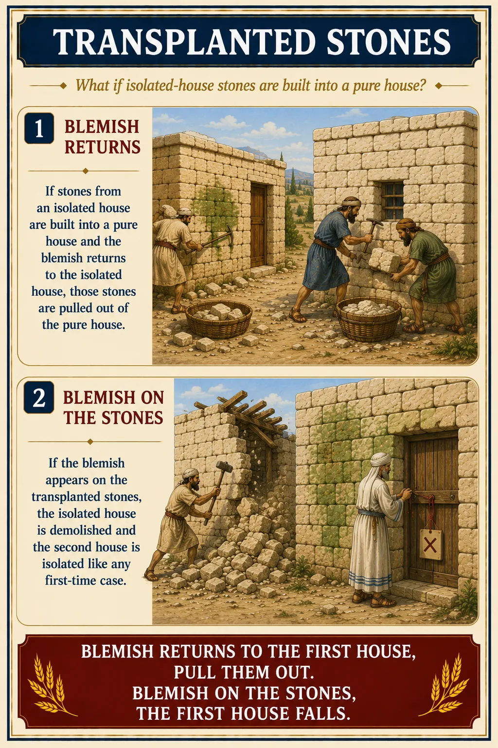 Infographic for halacha 15:7: TRANSPLANTED STONES — What if isolated-house stones are built into a pure house?