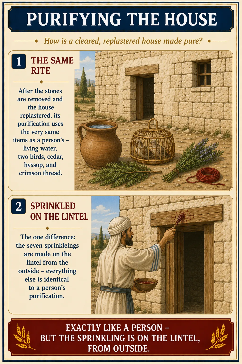 Infographic for halacha 15:8: PURIFYING THE HOUSE — How is a cleared, replastered house made pure?