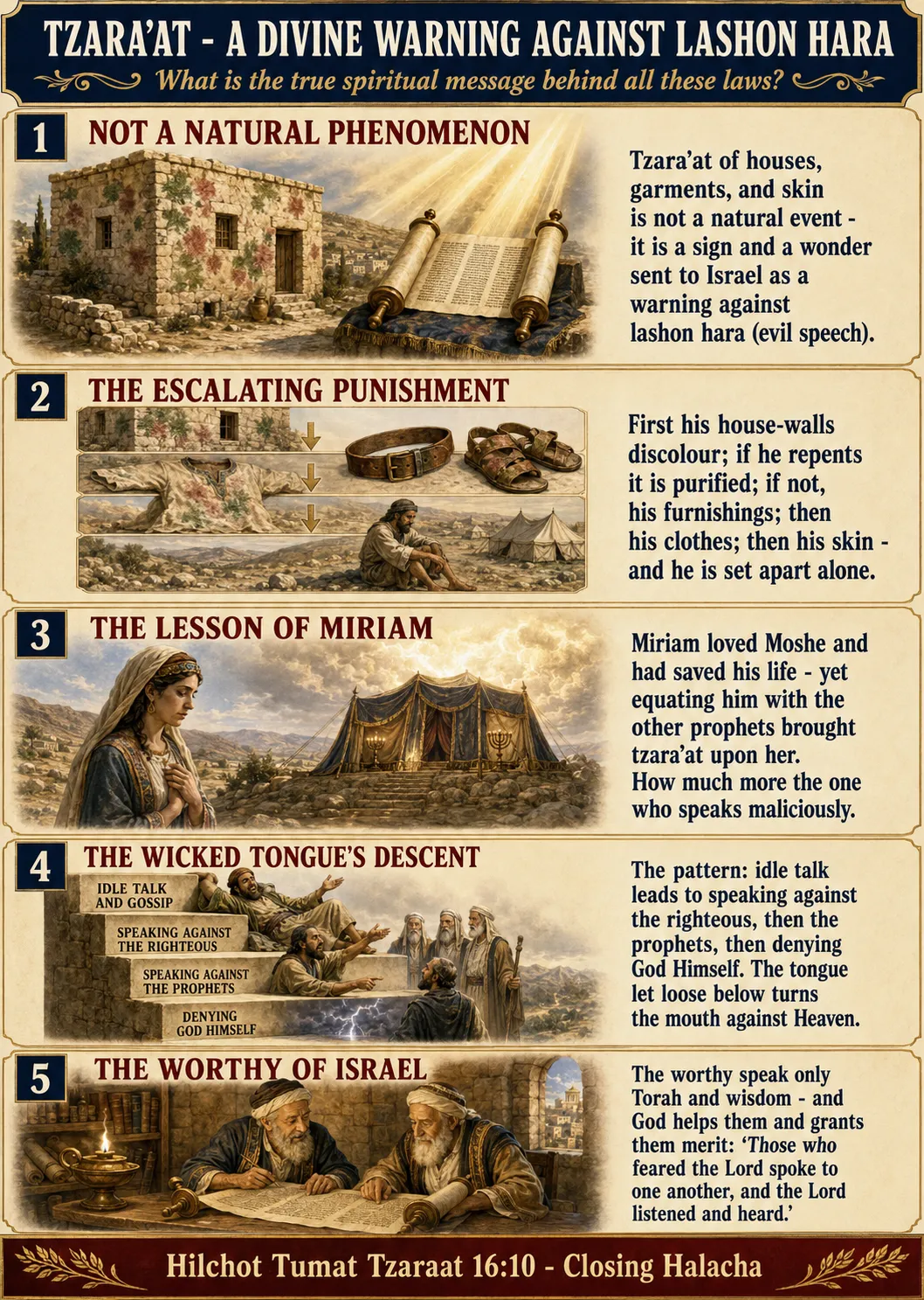 Infographic for halacha 16:10: TZARA'AT - A DIVINE WARNING AGAINST LASHON HARA - What is the true spiritual message behind all these laws?