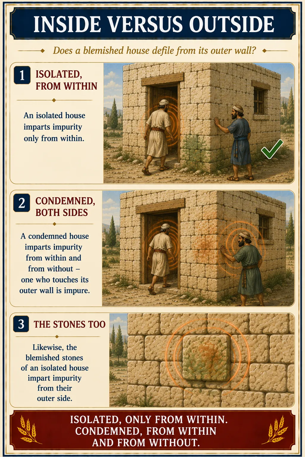 Infographic for halacha 16:2: ISOLATED vs. CONFIRMED HOUSE IMPURITY — Where does each type of blemished house spread impurity?
