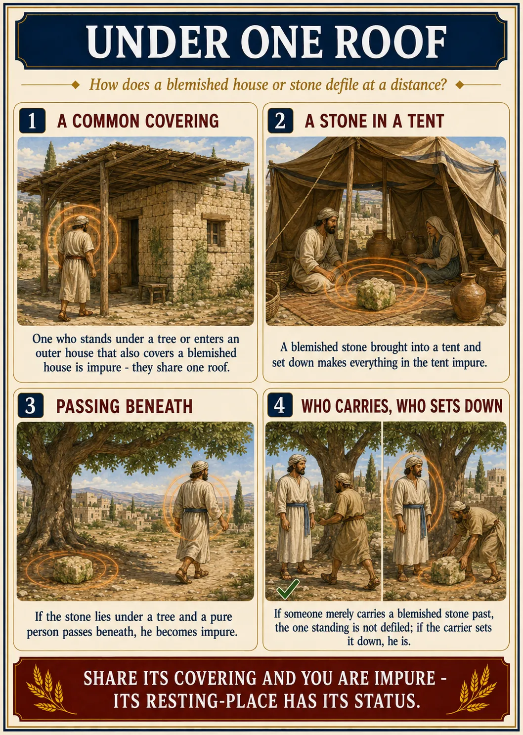 Infographic for halacha 16:3: SHARED ROOF, SHARED IMPURITY — When does an overhang transmit house-tzara'at?