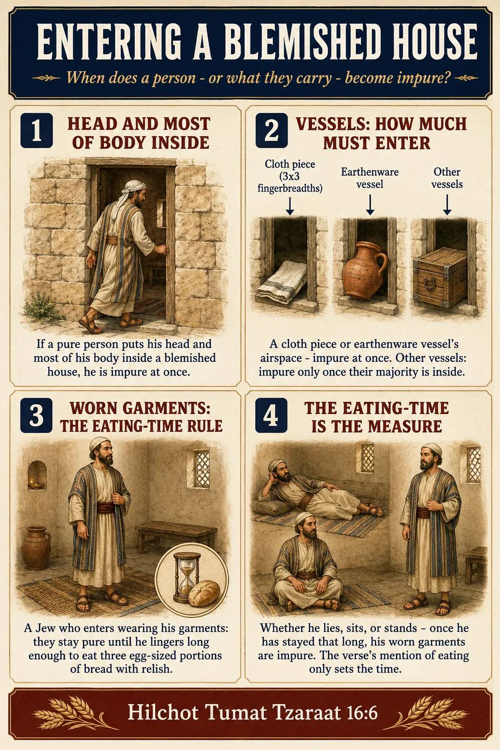 Infographic for halacha 16:6: ENTERING A BLEMISHED HOUSE - When does a person or what they carry become impure?