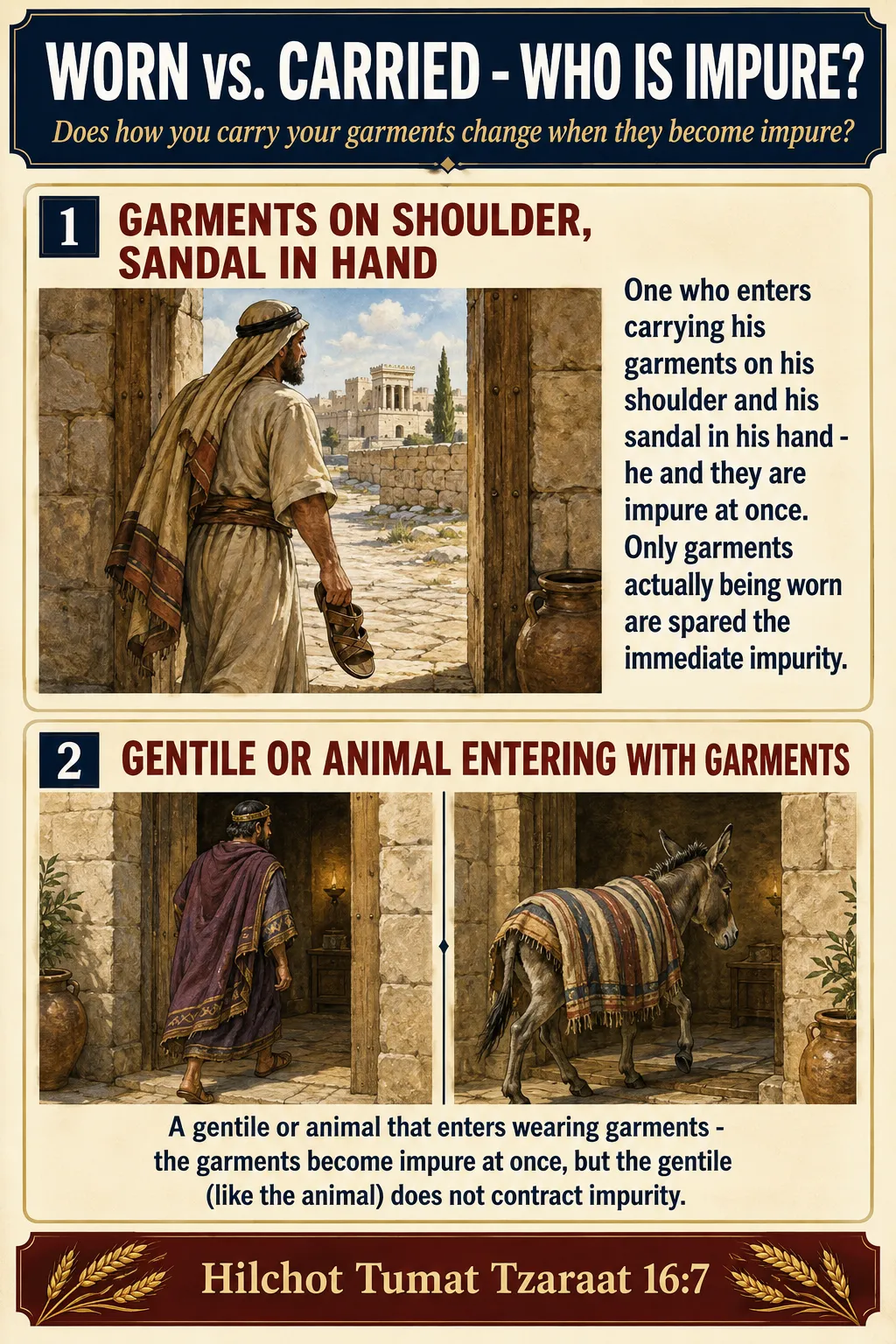 Infographic for halacha 16:7: WORN vs. CARRIED - Does how you carry your garments change when they become impure?