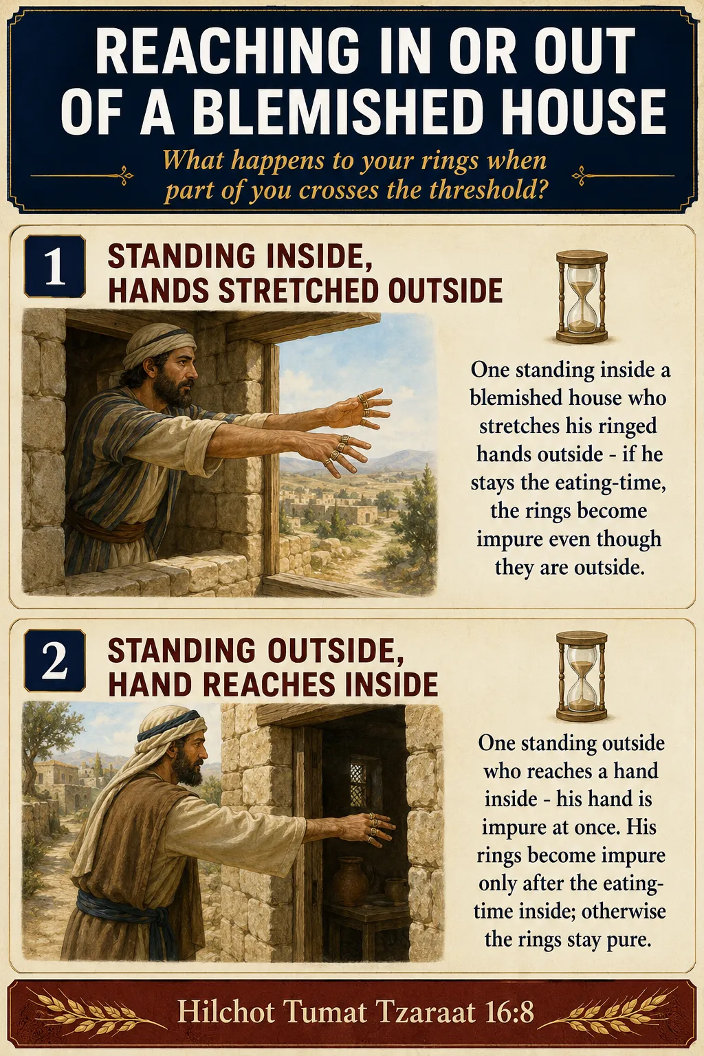 Infographic for halacha 16:8: REACHING IN OR OUT OF A BLEMISHED HOUSE - What happens to your rings when part of you crosses the threshold?
