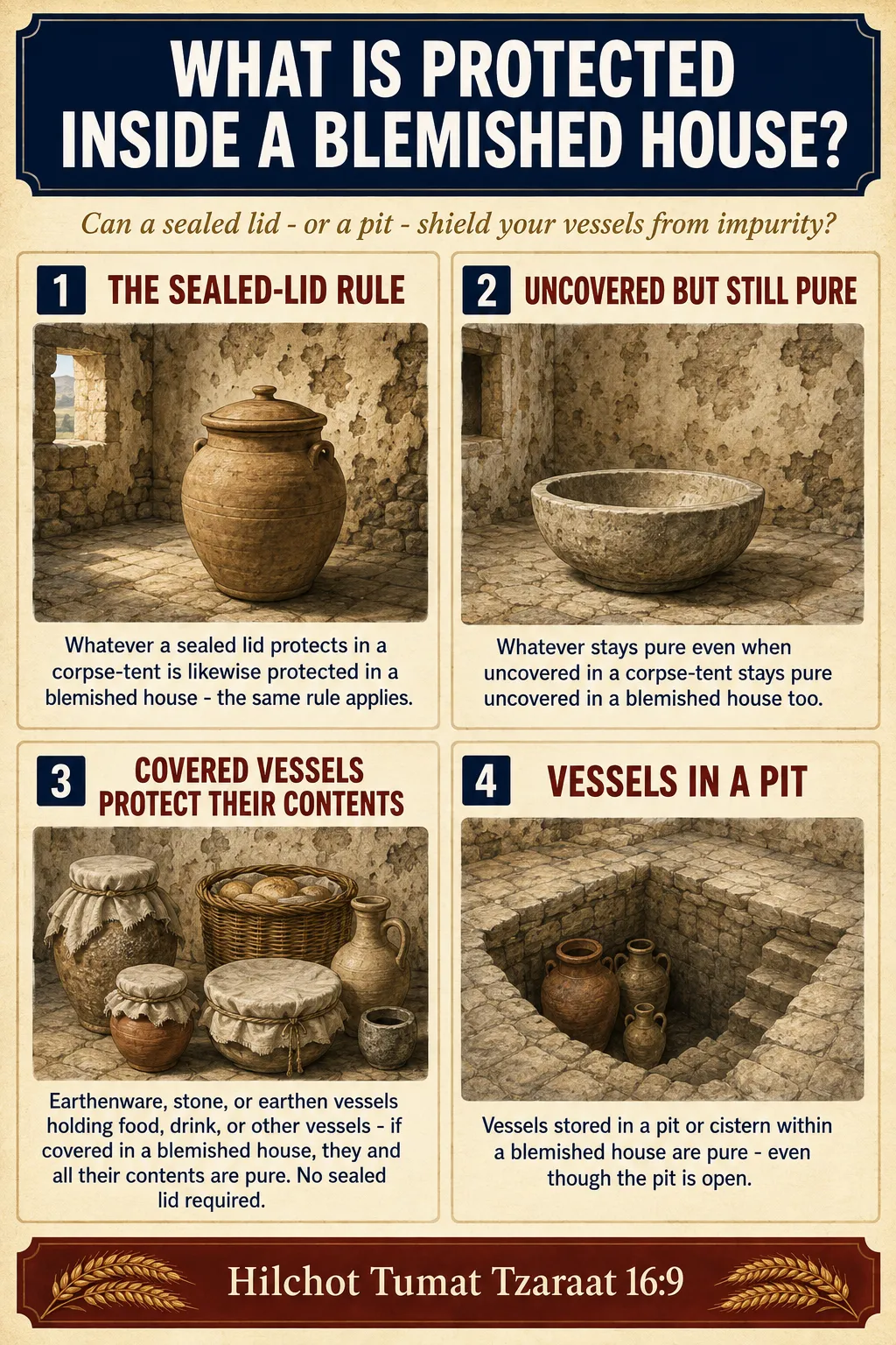Infographic for halacha 16:9: WHAT IS PROTECTED INSIDE A BLEMISHED HOUSE - Can a sealed lid or a pit shield your vessels from impurity?