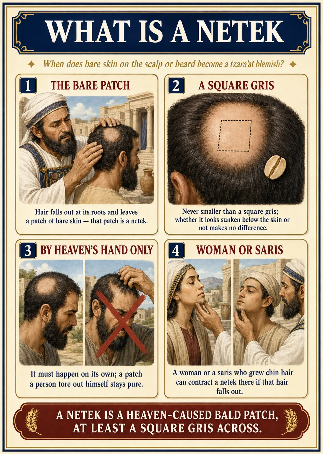 Infographic for halacha 8:1: WHAT IS A NETEK — When does bare skin on the scalp or beard become a tzara'at blemish?