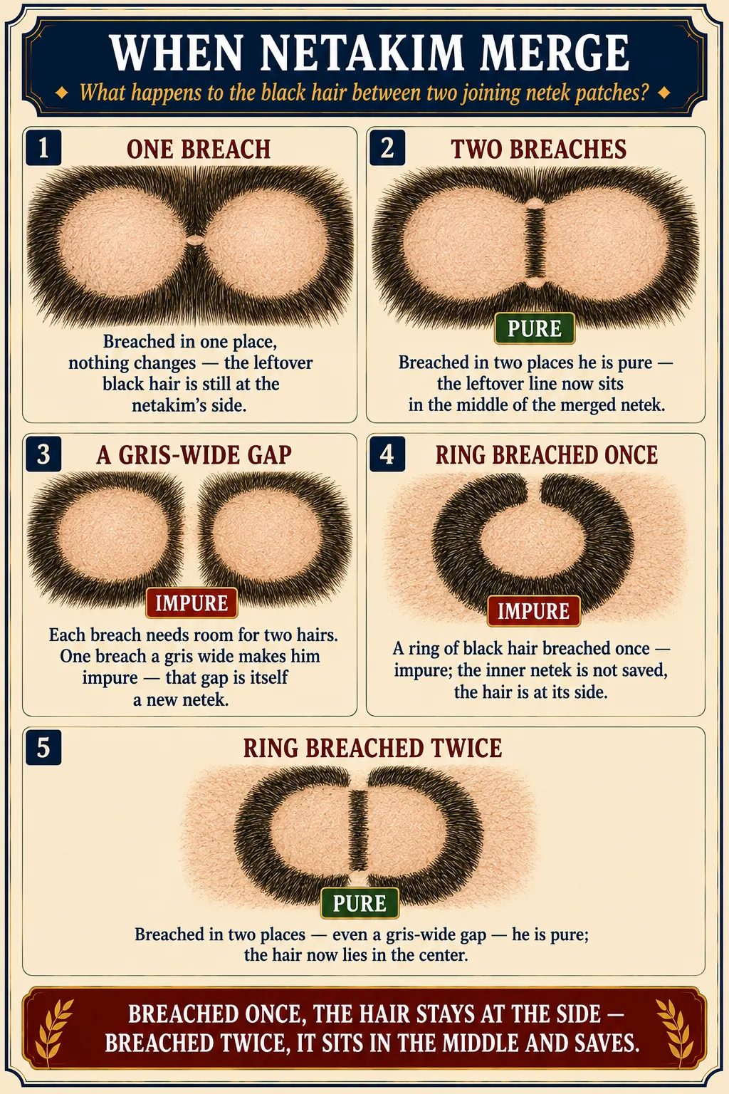 Infographic for halacha 8:10: WHEN NETAKIM MERGE — What happens to the black hair between two joining netek patches?