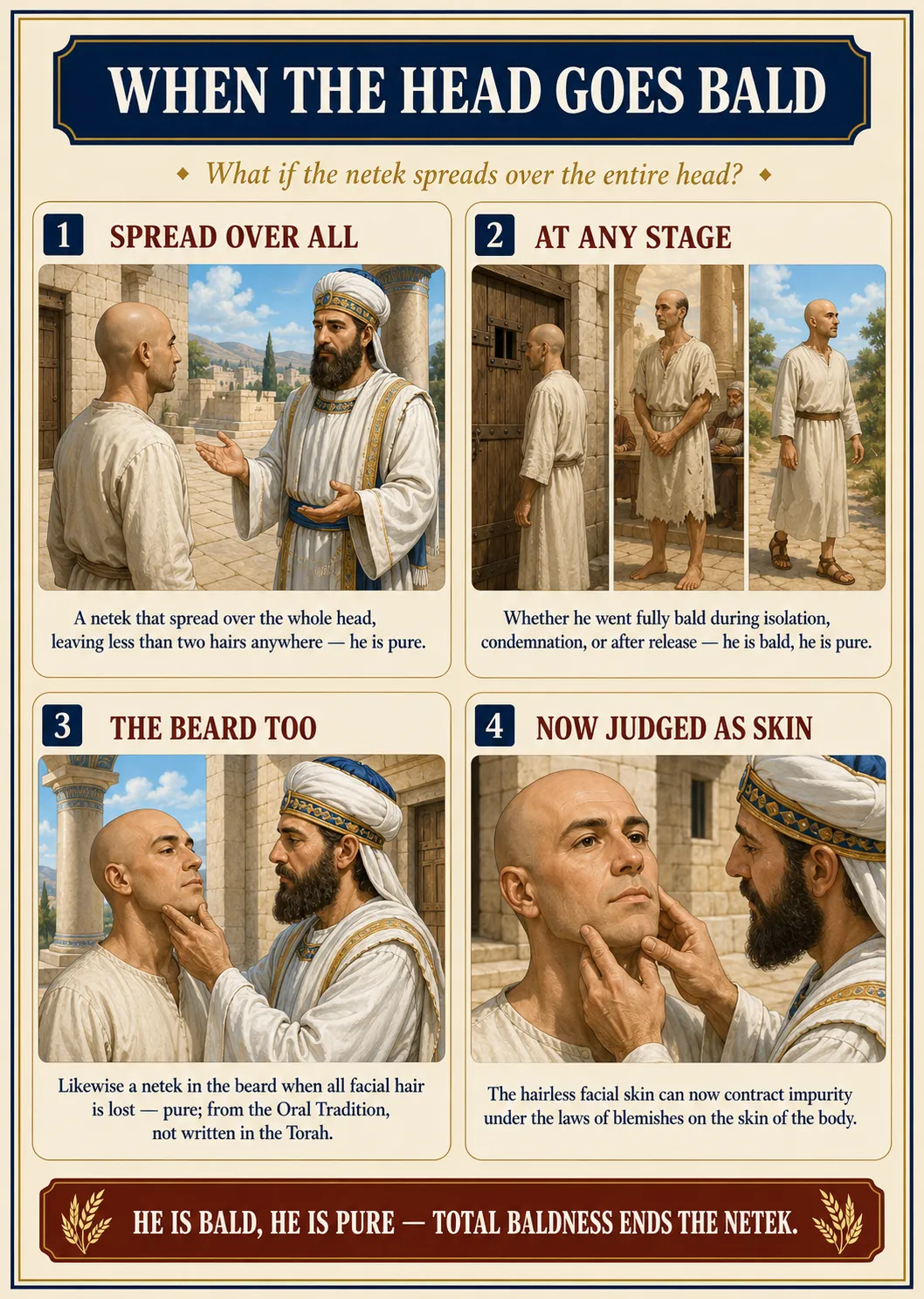 Infographic for halacha 8:12: WHEN THE HEAD GOES BALD — What if the netek spreads over the entire head?