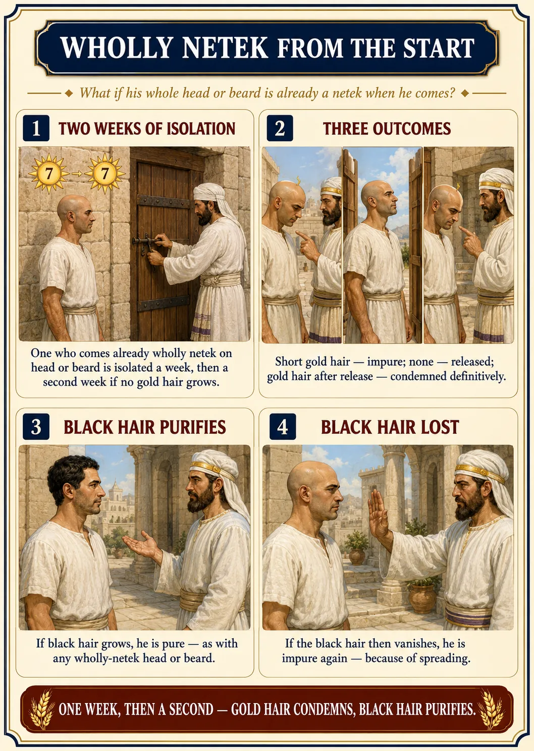 Infographic for halacha 8:13: WHOLLY NETEK FROM THE START — What if his whole head or beard is already a netek when he comes?