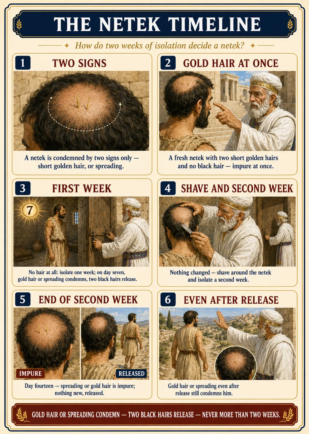 Infographic for halacha 8:2: THE NETEK TIMELINE — How do two weeks of isolation decide a netek?