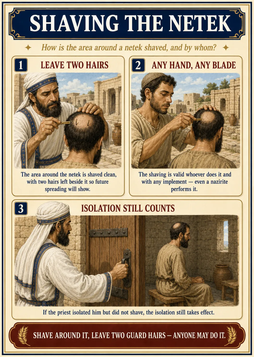 Infographic for halacha 8:3: SHAVING THE NETEK — How is the area around a netek shaved, and by whom?