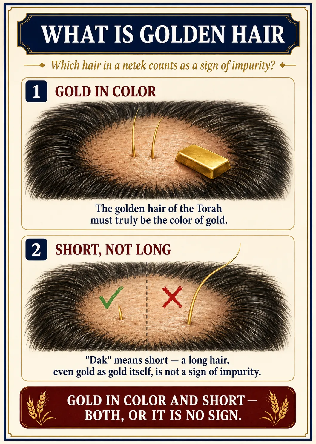 Infographic for halacha 8:4: WHAT IS GOLDEN HAIR — Which hair in a netek counts as a sign of impurity?