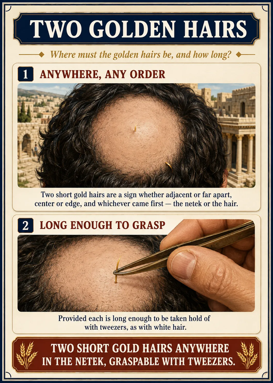 Infographic for halacha 8:5: TWO GOLDEN HAIRS — Where must the golden hairs be, and how long?