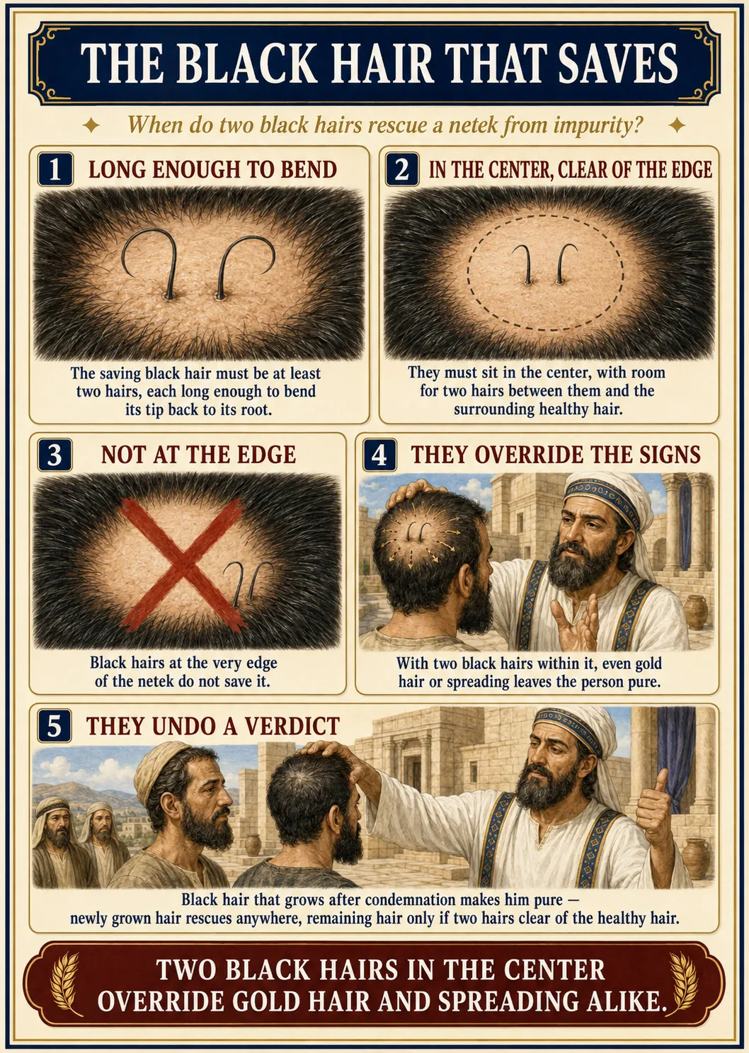 Infographic for halacha 8:6: THE BLACK HAIR THAT SAVES — When do two black hairs rescue a netek from impurity?