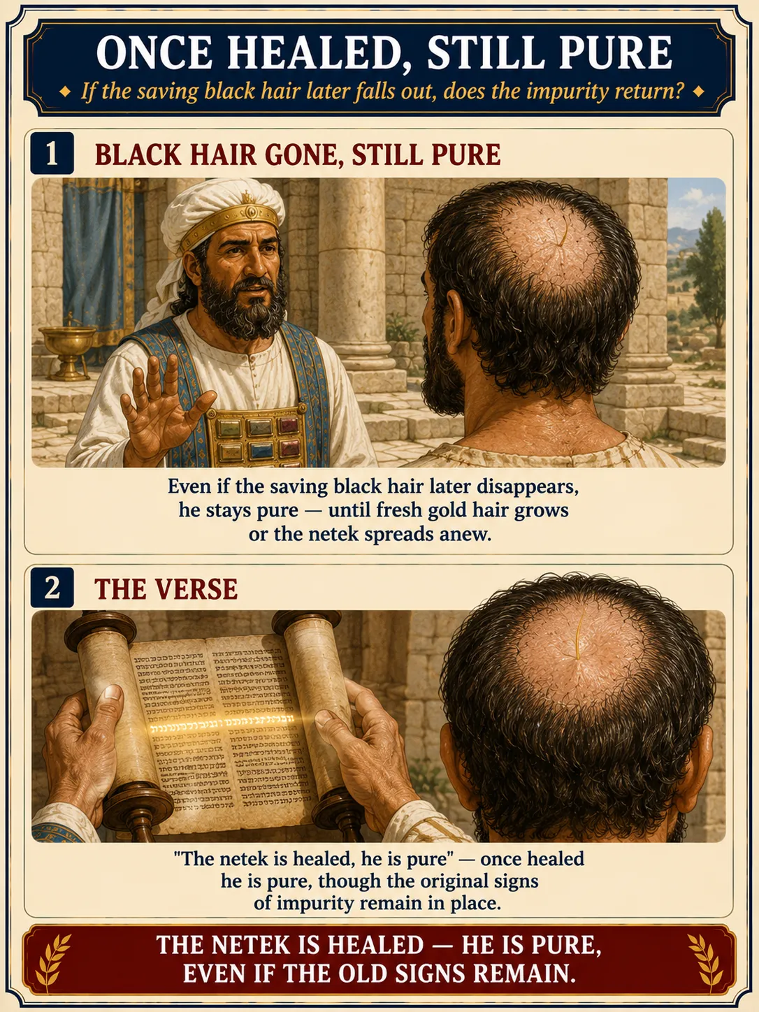 Infographic for halacha 8:8: ONCE HEALED, STILL PURE — If the saving black hair later falls out, does the impurity return?