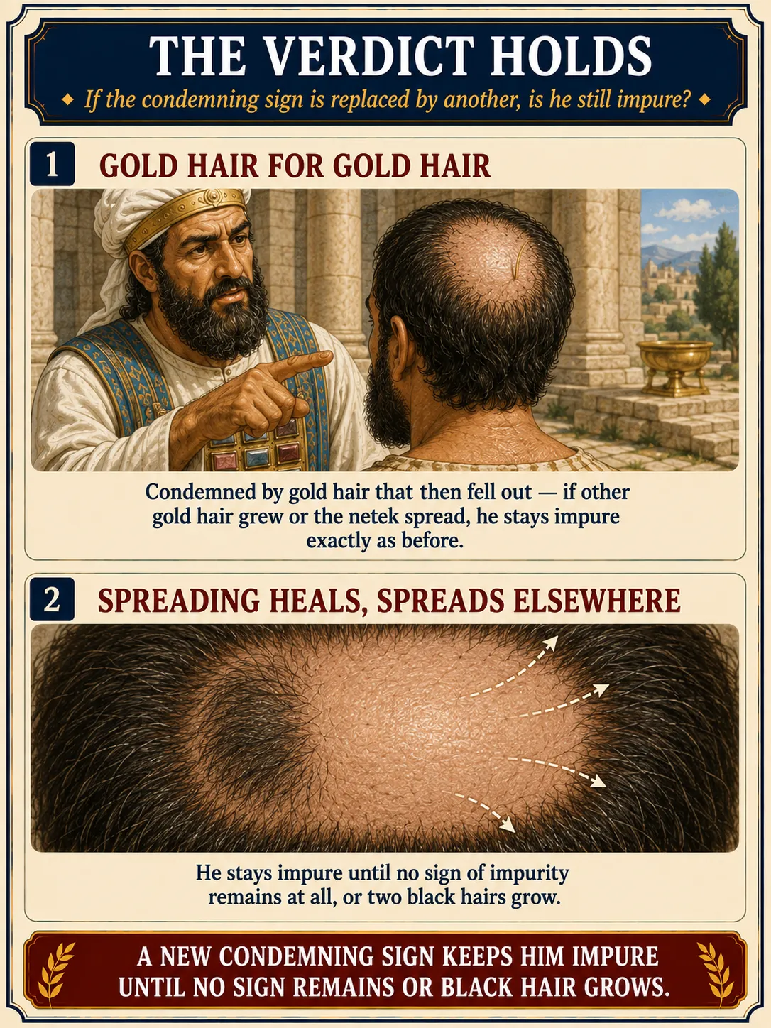 Infographic for halacha 8:9: THE VERDICT HOLDS — If the condemning sign is replaced by another, is he still impure?