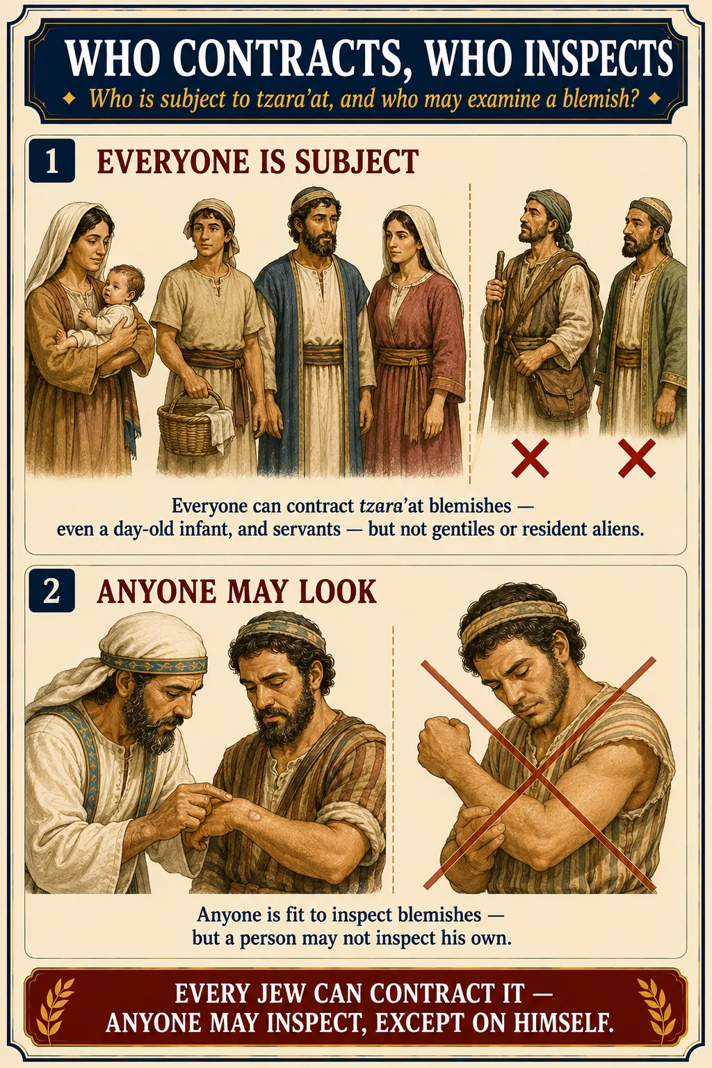 Infographic for halacha 9:1: WHO CONTRACTS, WHO INSPECTS — Who is subject to tzara'at, and who may examine a blemish?