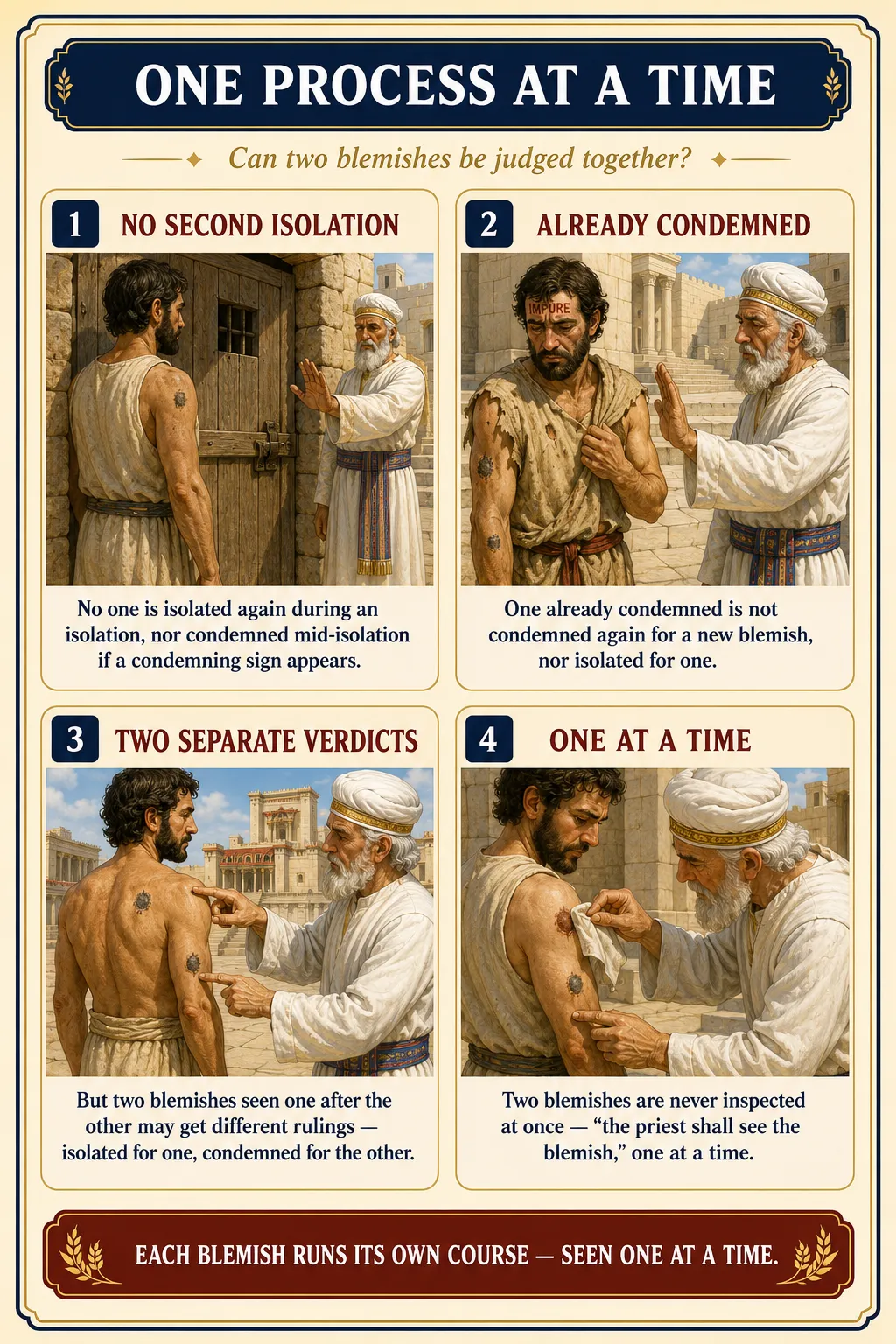 Infographic for halacha 9:10: ONE PROCESS AT A TIME — Can two blemishes be judged together?
