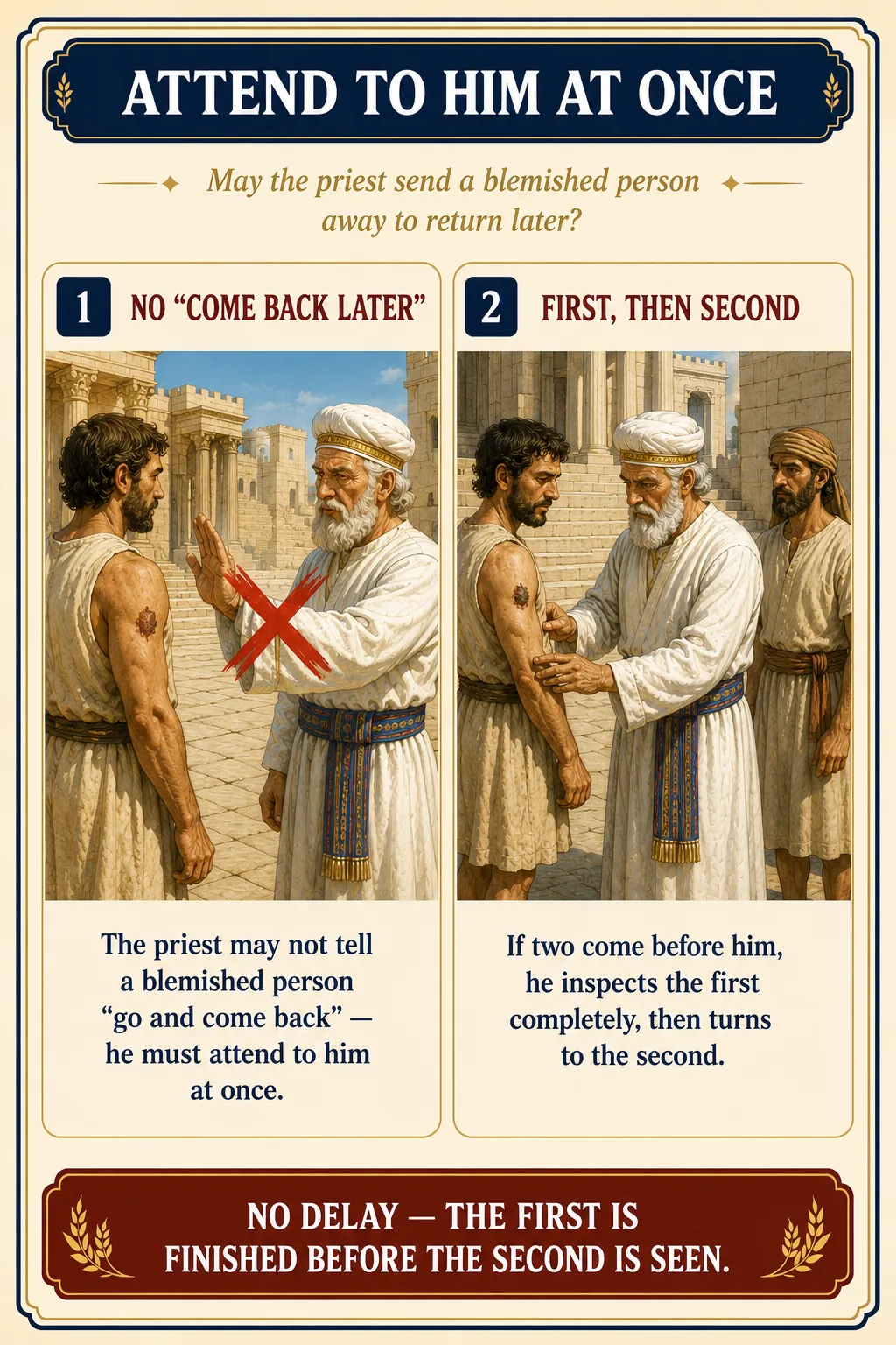 Infographic for halacha 9:11: ATTEND TO HIM AT ONCE — May the priest send a blemished person away to return later?