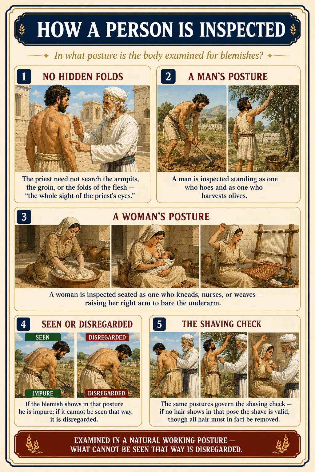 Infographic for halacha 9:12: HOW A PERSON IS INSPECTED — In what posture is the body examined for blemishes?