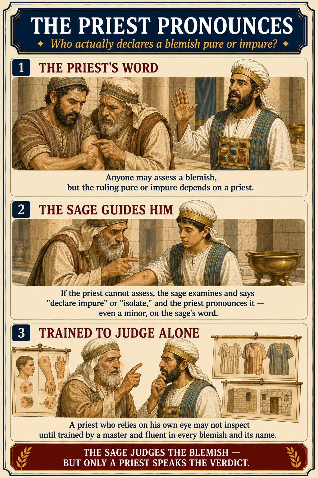 Infographic for halacha 9:2: THE PRIEST PRONOUNCES — Who actually declares a blemish pure or impure?