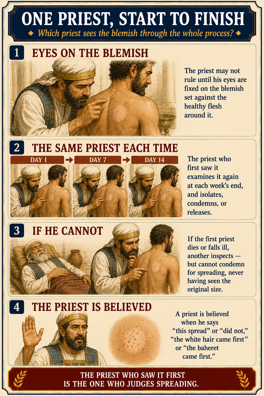 Infographic for halacha 9:4: ONE PRIEST, START TO FINISH — Which priest sees the blemish through the whole process?