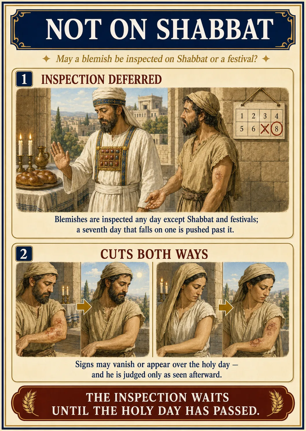 Infographic for halacha 9:7: NOT ON SHABBAT — May a blemish be inspected on Shabbat or a festival?
