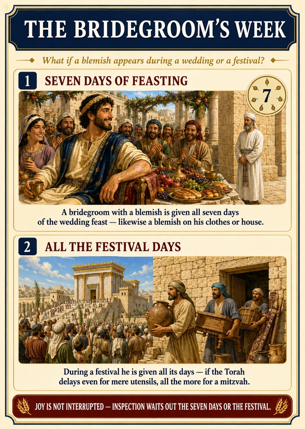 Infographic for halacha 9:8: THE BRIDEGROOM'S WEEK — What if a blemish appears during a wedding or a festival?